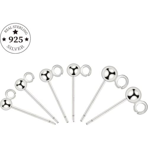 4pcs 3/4/5mm 925 Sterling Silver Round Ball Stud Earrings Post With Loop Earring Base Connectors Linker For DIY Earrings Making