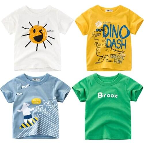 4 Pieces Boys Girls Unisex Smile Dinosaur Varied Cartoon Tee Twins Brook Ride The Waves Slogan Kids Toddler Cotton Tops 1-8T