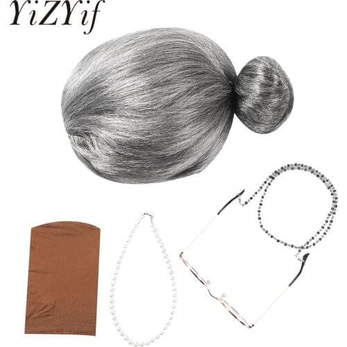 5Pcs Old Lady Cosplay Costume Grandma Wig Bead Eyeglasses Chain Eyeglasses Pearl Necklace Sets for Masquerade Party Halloween