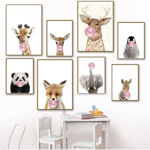 Baby Animal Wall Art Monkey Elephant Giraffe and Deer Wall Art Painting Cute Canvas Pictures for Kids Room Nursery Modern Home