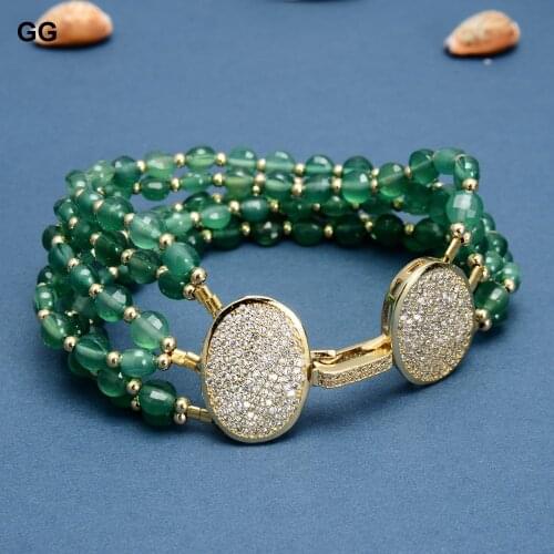 GuaiGuai Jewelry Natural 6 Strands Faceted Coin Shape Natural Green Agate Bracelet Cubic Zirconia Pave Clasp 8.5" Ethnic Style