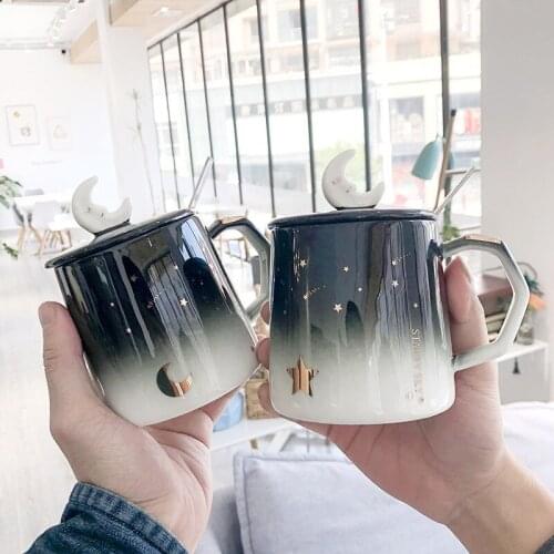 OAPE Literary Art Simple Gradient Color Starry Belly Ceramic Water Cup With Lid With Spoon Creative Mug Business Coffee Cup