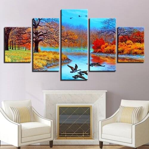 Canvas Painting 5 Pieces Color Abstract Forest HD Prints Poster Paintings Tree Lake Bird Landscape Pictures Wall Art Home Decor