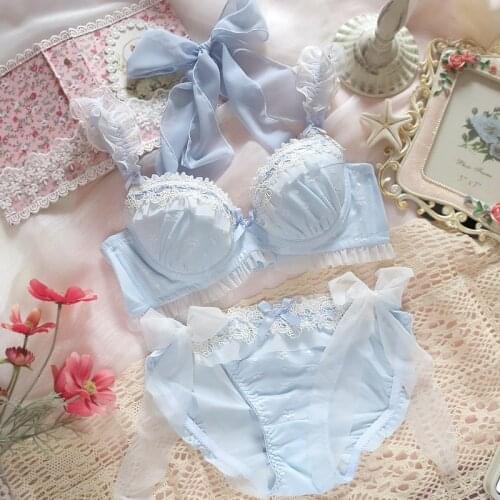 Soft Sister Fresh Lolita Lace Trim Blue Underwear Set Cute Ruffle Bowknot Bandage Push-Ups Lingerie Womens Bra & Brief Set