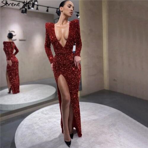 Red Deep-V Sequined Luxury Sexy Evening Dresses 2020 Long Sleeve Sparkle Mermaid Formal Dress Serene Hill LA70449