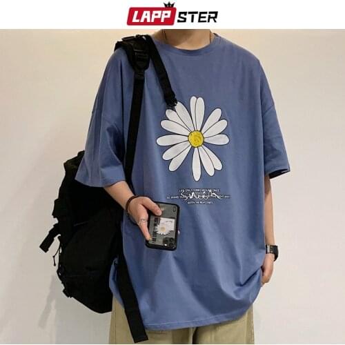 LAPPSTER Men Summer Dirty Flower Harajuku T-shirts 2021 Man Casual Japanese Streetwear White Tshirts Male Korean Cotton Clothing