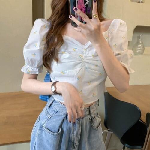 French Fashion Women Clothing 2021 Blusas De Mujer Square Collar Short Bubble Sleeve Slim Shirts for Woman Blusas Female 0908