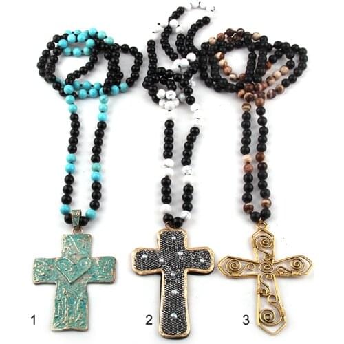 Fashion Bohemian Tribal Jewelry 108 Beads Multi Stone Knotted Cross Pendant Necklace Wome Yoga Necklace
