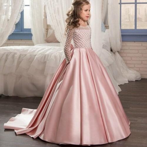 Girl Princess Dresses Tube Top Hollow Long-sleeved Dress Bow Tail Wedding Party Costume For Flower Girl Long Children Clothes
