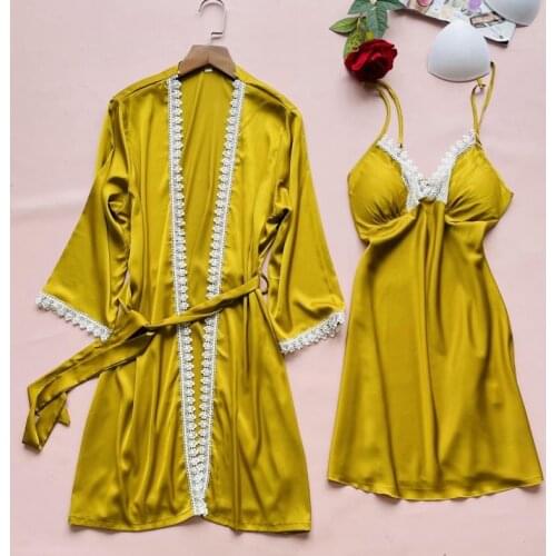 Bridal Lace Wedding Robe Set Satin Women Sexy 2PCS Nighty Bathrobe Nightgown Sleep Suit V-Neck Sleepwear Summer Dressing Gown
