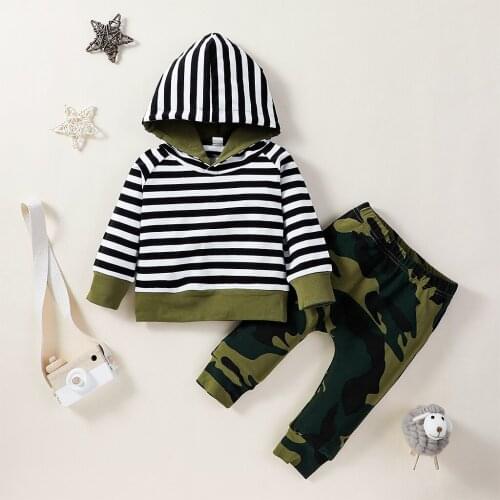 0-12M Newborn Infant Baby Boy Stripe Hooded Sweatshirt Tops Camouflage Pant Outfits Clothes Set Long Sleeve Fall Winter Clothing