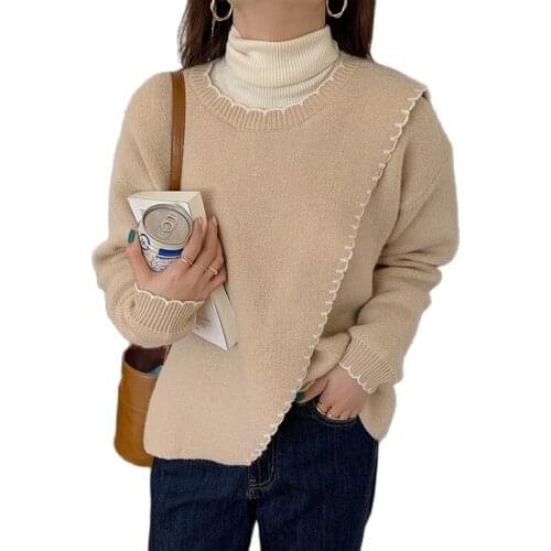 Korean Sweaters Women Autumn Winter Casual O Neck Contrast Side Split Long Sleeve Pullover Knitwear Fashion Loose Jumpers Female