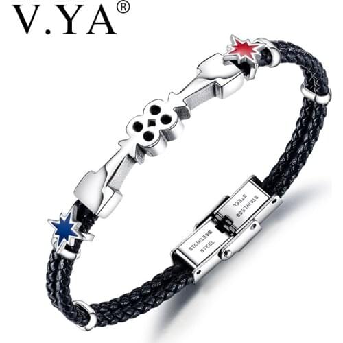 V.YA Mens Double Arrow Eight Shape Stainless Steel Leather Temperament Bracelets Boyfriend Father Best Birthday Present