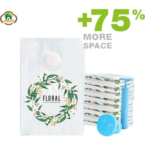 Msjo Vacuum Bag For Storage Vacuum Clothes Bag Floral Printing Extra Large Compressed Organizer Bags Travel Saving Space Seal