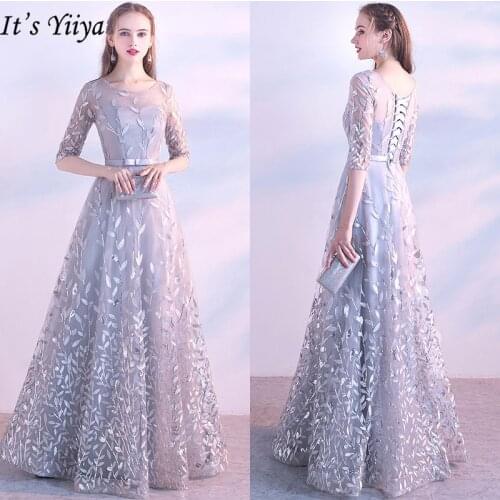 Its Yiiya Evening Dresses 2019 Fashion O-Neck Lace Up Floor Length Dresses Elegant Half Sleeve Appliques Formal Dresses LX326