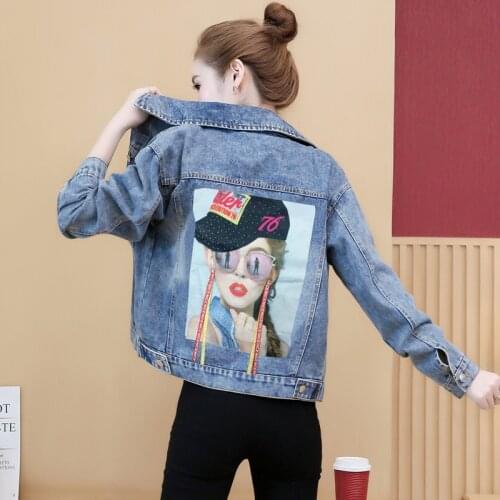Plus Size Denim Jacket Women Autumn Print Short Jeans Outwear Female Single Breasted Vintage Jeans Coats