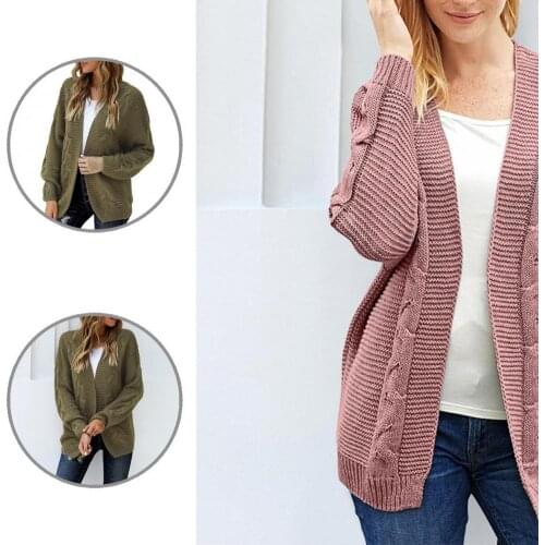 Women Casual Cardigan V Neck Warm Soft Ladies Solid Color Hemp Pattern Cardigan Coat