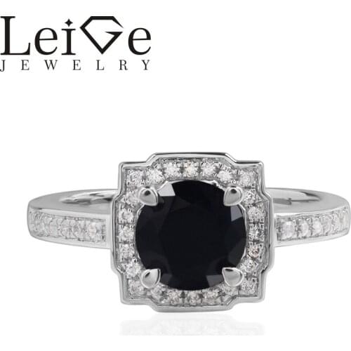 Leige Jewelry Natural Black Spinel Rings Round Cut Halo Wedding Rings For Woman 925 Sterling Silver Romantic Gifts