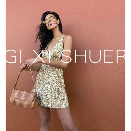 2021 new style womens dress high quality silk suspender V-neck sexy open back holiday retro print mini dress