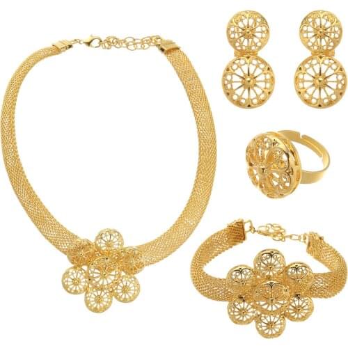 Gold Color Jewelry Sets for Women African Bridal Wedding Flower Party Necklace Bracelet Earrings Ring Set Saudi Arabia Jewellery