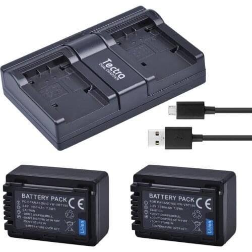 Tectra 2Pcs VW-VBT190 VBT190 Li-ion Battery +USB 2-Channel Charger for Panasonic HC-V110 HC-V130 HC-V160 HC-V180 HC-V201 HC-V210
