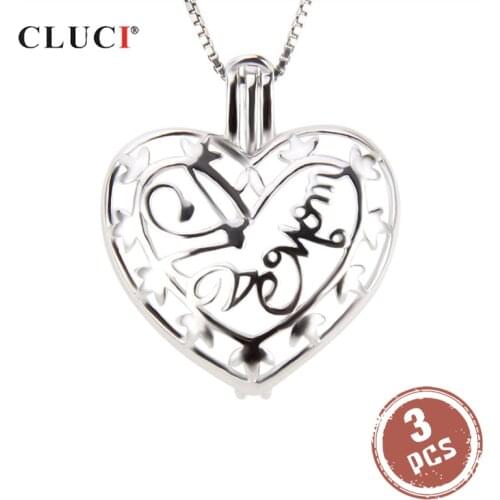 CLUCI 3pcs Silver 925 Love Heart Shaped Cage Pendant Women Jewelry 925 Sterling Silver Charms Pendant Pearl Locket SC252SB