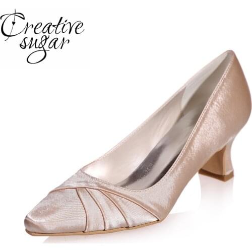 Creativesugar Hoof heel ponted pleated toe satin evening dress shoes med low heel wedding prom party pumps event blue champagne