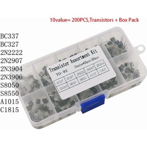 BC337 BC327 2N2222 2N2907 2N3904 2N3906 S8050 S8550 A1015 C1815 Transistor Assortment Kit 10value= 200PCS,Transistors + Box Pack