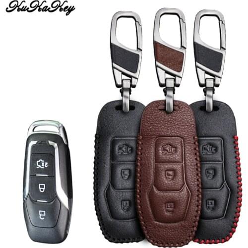 Car Key Case Cover For Ford Mondeo 2013 Edge Mustang Focus 2 3 Fiesta Kuga Ranger Fusion Funda 3 Button Leather Key Chain Holder