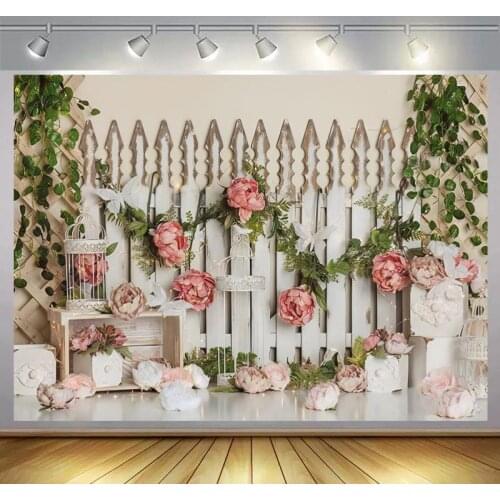 Wood Fence 3D Rose Flowers Newborn Portrait Backgrounds For Photography Baby Shower Kids 1st Birthday Backdrops Decor Poster