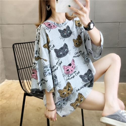 Black Harajuku Style Summer Tees Hip Hop Cat T Shirt Femme Women Funny Casual Black Summer Loose Oversized Tees Tops Female