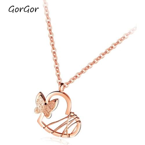 GorGor Women Necklace Creative Heart Binding Shape Design With Matte Butterfly Titanium Steel Chains Ladies Fashion 1470
