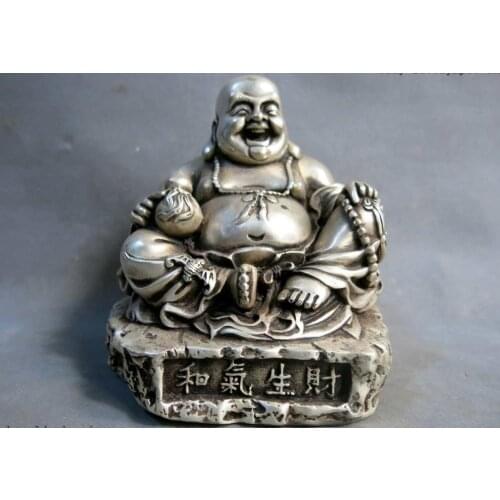 China silver carved gourd bat fine buddhism luck happy buddha sculpture Statue