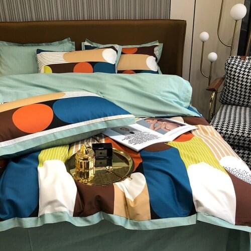 Green Orange Geometric Luxurious Bedding Set Satin Egyptian Cotton Duvet Cover Set Queen King Size Linens Pillowcases Bedding