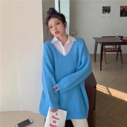 Korean Women Patchwork Fake Two Base Knitted Sweaters Jumper Loose Casual Blue Pink Beige Autumn Female Knitwear Pullover Tops