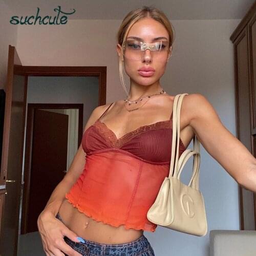 SUCHCUTE Mesh Crop Top Women Tshirt Y2k See-Througlace Patchwork Top Female Vintage Camisold Summer 2020 E-Girl Tee Party Wear