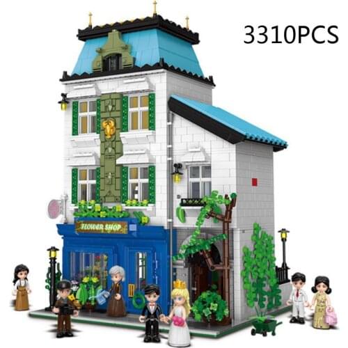 Hot city street view Europe flower shop moc building block figures streetscape florist bricks toys collection for adults gifts