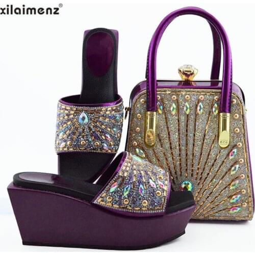 Hot Selling Italian Wedges Shoes And Bag Set African Design Matching Shoes And Bag Set Nigerian For Wedding Party in Purple