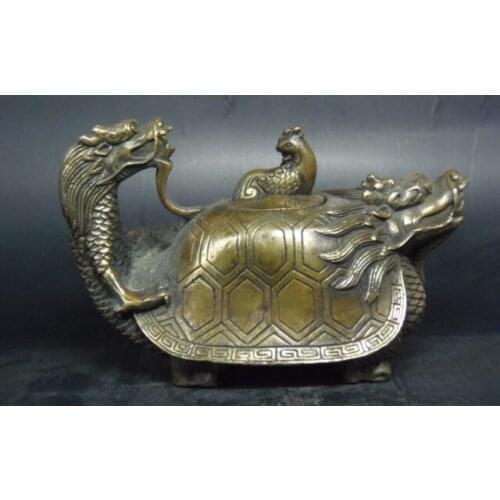 Copper Brass craft Old Handwork chinese copper Carved Dragon Phoenix turtle head cover Teapot