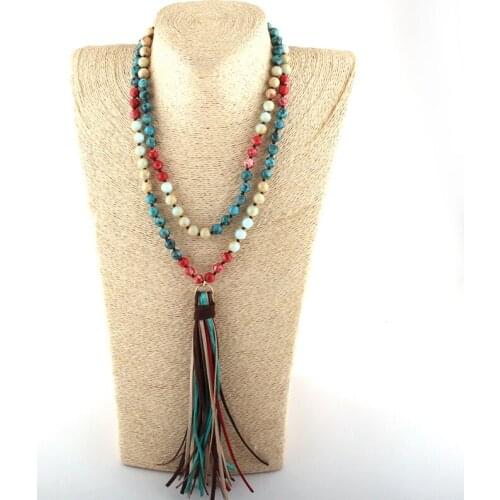 MOODPC Fashion Bohemian Tribal Jewelry 108pc Stone Beads Knotted Multi Long Tassel Necklace Women Ethnic Necklace