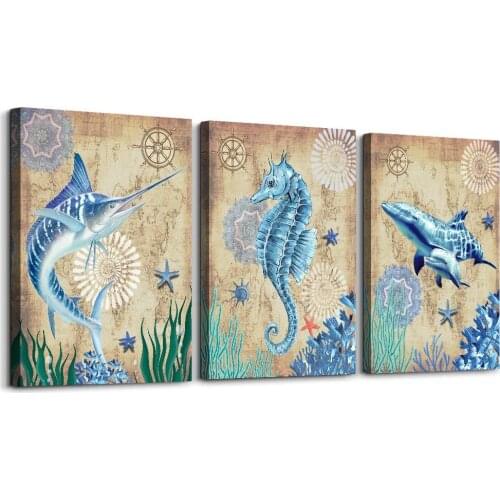 Marine Theme Hippocampus Sword Shark Canvas Art Oil Painting 3 Modern Home Decoration Wall Paintings