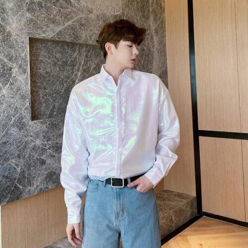 Men Dazzling Double Layer Organza Sunscreen Long Sleeve Casual Shirt Male Nightclub Stage Show Loose Shirts