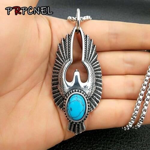 Mens Necklaces silver color green stone Flying Eagle Pendant Choker Male HipHop Fashion Animal Jewelry Accessories