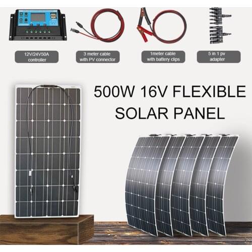 Solar panel kit 500w monocrystalline flexible solar power system for rvs homes with 12v 24v controller battery clips
