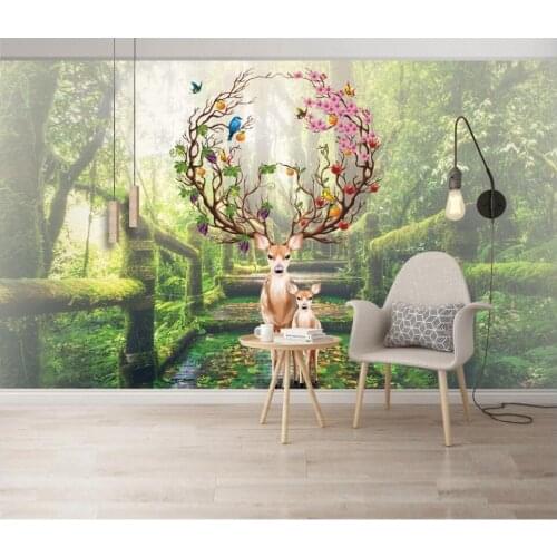 Custom mural 3d photo wallpaper HD hand-painted fantasy forest flowers elk landscape room wallpaper for walls 3 d in rolls