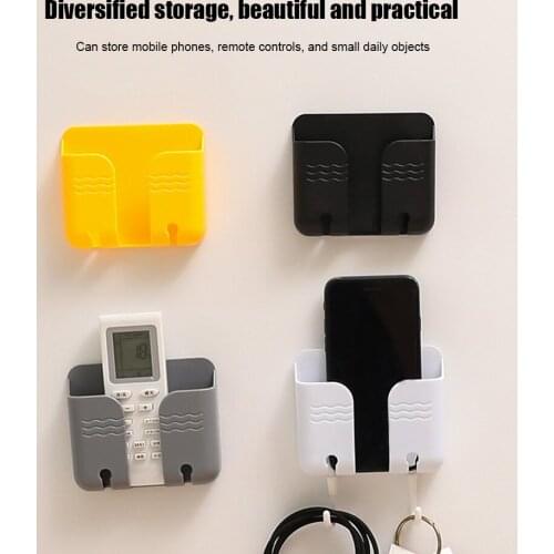 Sticky Wall Mounted Mobile Phone Charging Bracket with Hooks Self-Adhesive Bedside Remote Control Organizer Storage Box Rack