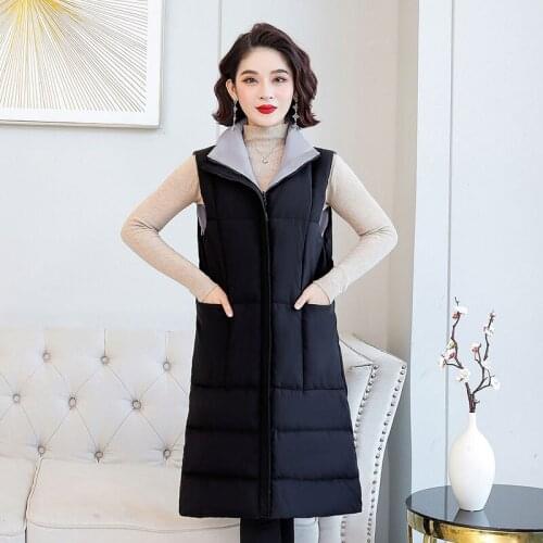 Down Cotton Vest 2020 Womens New Autumn Winter Korean Loose Large Size Long Double-Sided Waistcoat Female Zipper Casual E440