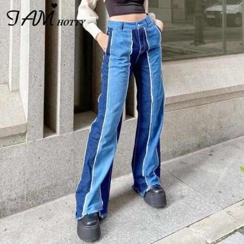 Ripped Patchwork Womens Straight Jeans Vintage Distressed High Waisted Boyfriend Korean Wide Leg Pockets Denim Pants Iamhotty