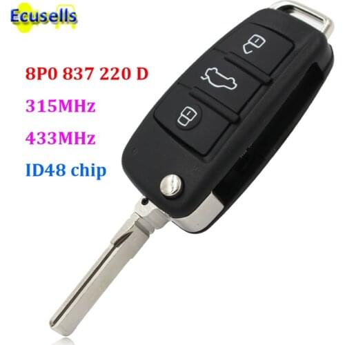 Folding Remote Key Keyless Entry 3 Button 315MHz or 433MHz with ID48 Chip for Audi A3 TT 2004-2013 8P0837220D 8P0 837 220 D HU66