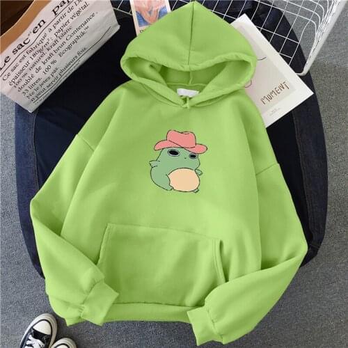 Funny frog Print oversized Sweatshirt men and womens Hoodies Harajuku Warm Pullover Drawstring Pink Womens Korean style new